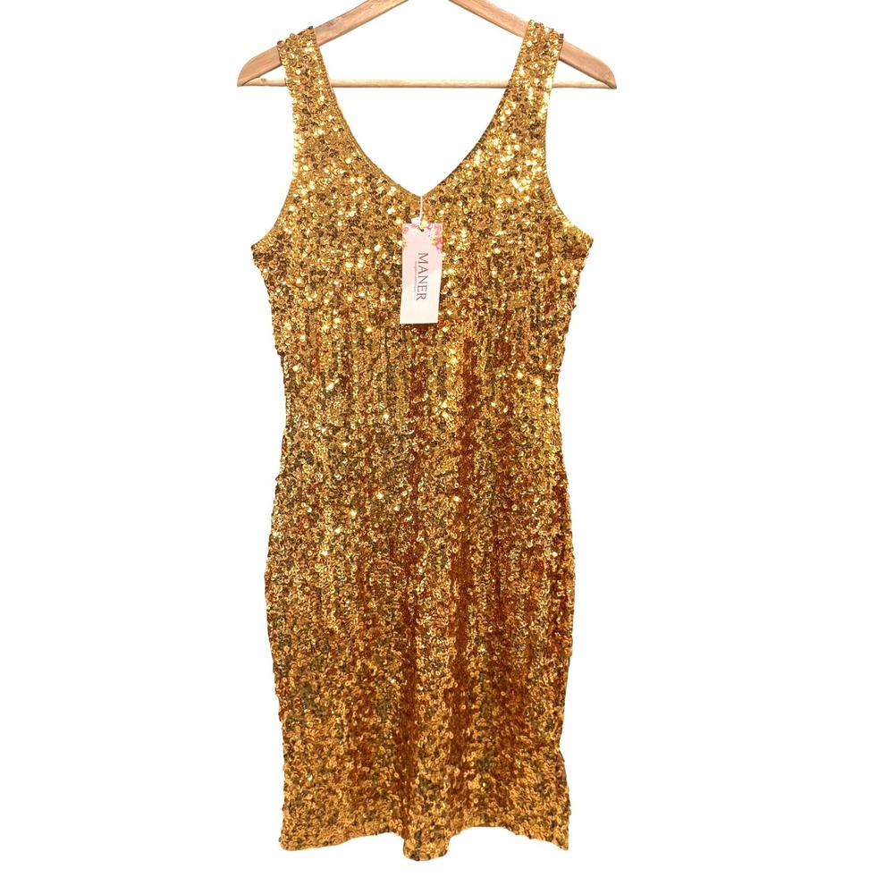 Gold Sequin Bodycon Dress Womens Med. V-Neck Cocktail Party Maner NWT MA815